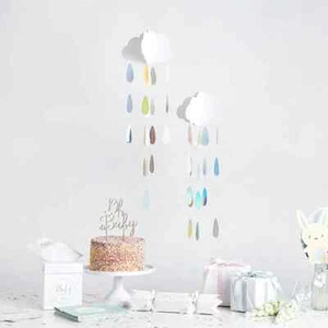 Cloud with Multicoloured Droplets Hanging Decoration Pack of 2 Baby Birthday - Picture 1 of 3