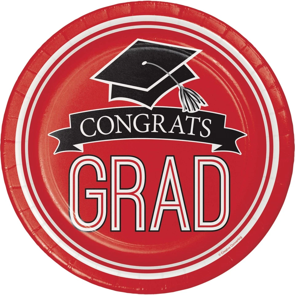Graduation Red School Spirit 7 Inch Paper Plates 18 Per Pack Red Grad Tableware - Image 1 of 1