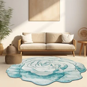 Flowers Hand Carved Floral Rose Novelty Thick Rug 304 5.3x5.3 Round Blue - Picture 1 of 9