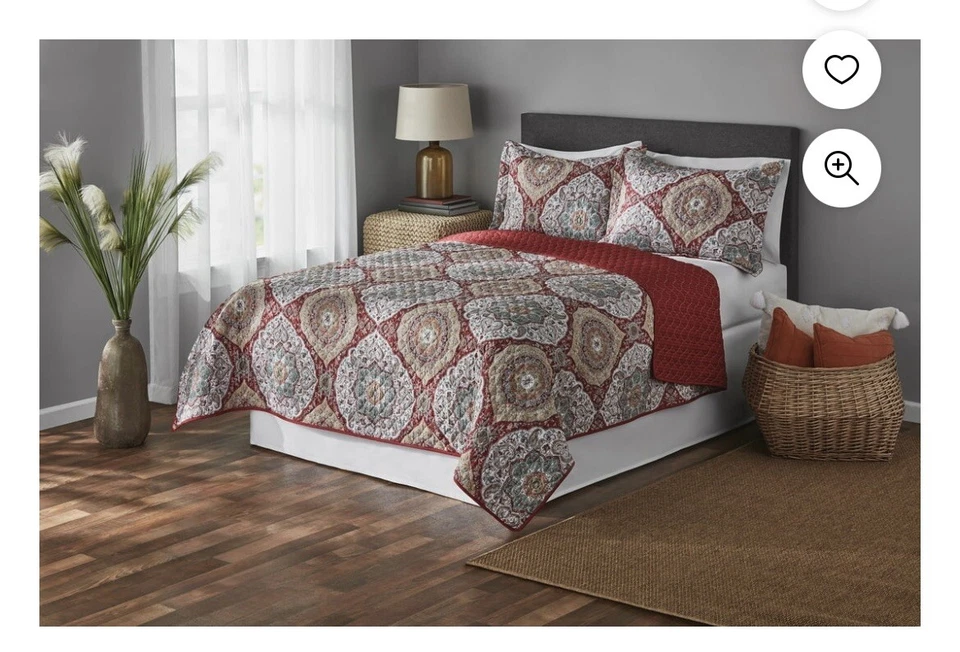 Mainstays Red & Blue Floral Medley Quilt & Shams Standard Queen Quilted