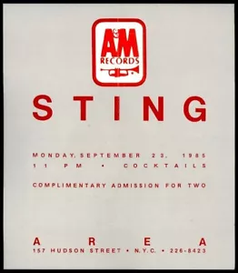 STING ~ 1985 AFTER CONCERT PARTY INVITATION @ AREA NYC ~ STING & TRUDIE ATTENDED - Picture 1 of 3