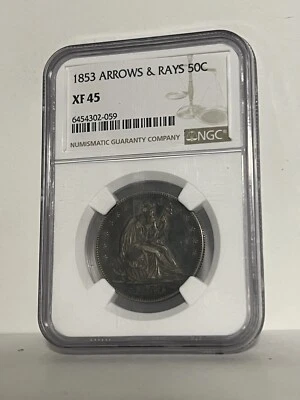 1853 liberty seated half dollar Arrows And Rays NGC XF 45 Graded US Coin 50cents - Image 1 of 2