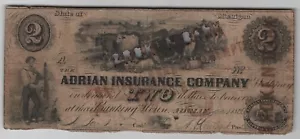 1853 Adrian Versicherung Co. $ 2,00 Banknote SELTEN kaputte Bankstornierungen - Bild 1 von 2