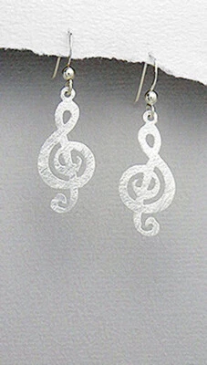 Solid Sterling Silver Music Treble Notes Dangle Earrings Matt Texture 1.5" - Image 1 of 4