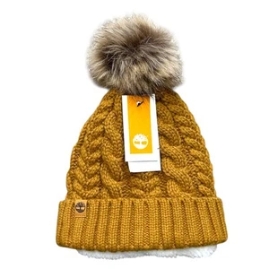 Timberland Autumn Woods Cable Knit Beanie NWT Women's OS Orange Fleece Pom Cozy - Picture 1 of 7