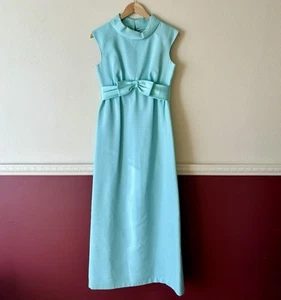 Vintage 60s Formal Maxi Gown Sleeveless Dress Light Pastel Blue Ribbon Bow Waist - Picture 1 of 12