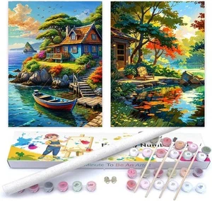 2 Pack Paint by Numbers Kit DIY Canvas Painting Set for Adults Kids Home Decor - Picture 1 of 9
