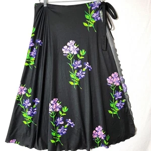 Womens Midi Skirt Wrap Side Tie Open From Waist to Hem Black Purple Floral - Picture 1 of 7