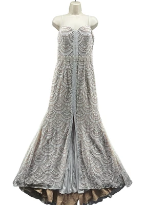 Galina Scalloped Lace Split-Front Sheath Wedding Dress Size 12 Ivory Nude Train - Image 1 of 4