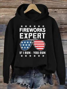 Fireworks & Sunglasses Print Hoodie, Casual Long Sleeve Hoodies Sweatshirt For F - Picture 1 of 7