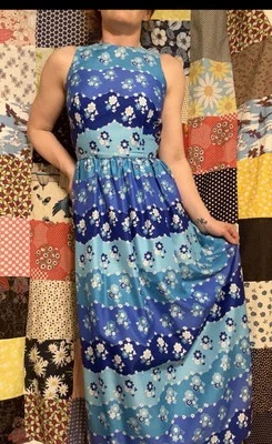 Vtg 60s Psychedelic Maxi Blue Floral Boho Mod Op Art Formal Sundress XS-POCKETS! - Image 1 of 4