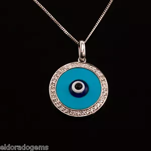 TURQUOISE & 0.32 CT NATURAL DIAMOND EVIL EYE PENDANT 14K WHITE GOLD 17" NECKLACE - Picture 1 of 7