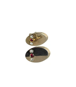 Vintage Shiny Gold Tone Oval Cufflinks w/ Clear and Red Rhinestone Accents - Picture 1 of 4
