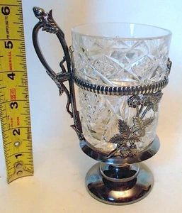 Antique JAMES W TUFTS Silver CUP HOLDER Quadruple Plate Cut Glass Insert - Picture 1 of 9