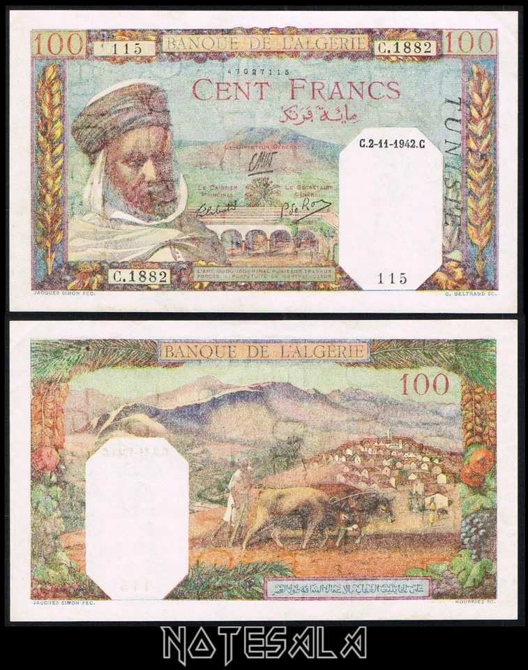 TUNISIA TUNISIE 100 FRANCS 1942 Pick-13b XF+ to AUNC *Scarce this condition* - Image 1 of 1