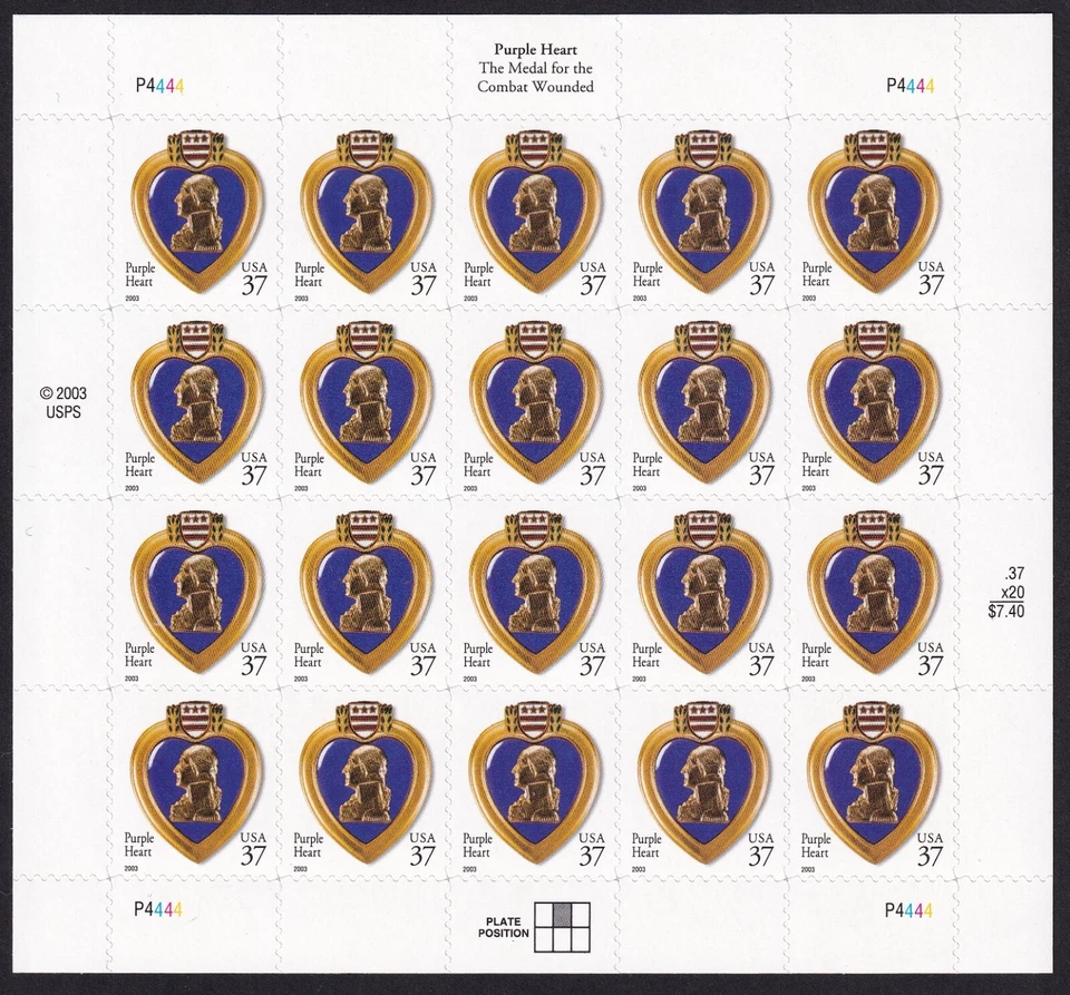 Scott #3784A Purple Heart Sheet of 20 Stamps - MNH - Image 1 of 1