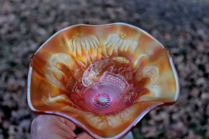 ANTIQUE NORTHWOOD PEACOCK AT THE FOUNTAIN CARNIVAL GLASS COMPOTE - MARIGOLD - Picture 1 of 6