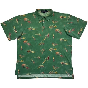 Camisa Polo Ralph Lauren De Colección Para Hombre L Verde Campamento Señuelos de Pesca con Mosca AOP EE. UU. - Imagen 1 de 12