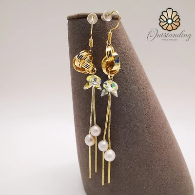 Real Natural Seawater White Pearl Drop Earrings Crystal 9ct Gold Filled Gift - Image 1 of 4