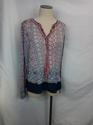 Blusa Vintage America Blues Talla L - Boho Floral Borla Cuello en V Manga Larga Foto 1 de 4