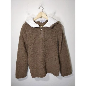 Luna Tuccini Brown Sherpa Fleece Fill Zip Hooded Sweater Jacket Size 10 - Picture 1 of 7
