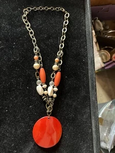 20" antiqued brass chain necklace w/2.2" irregular red/orange disc pendant - Picture 1 of 4