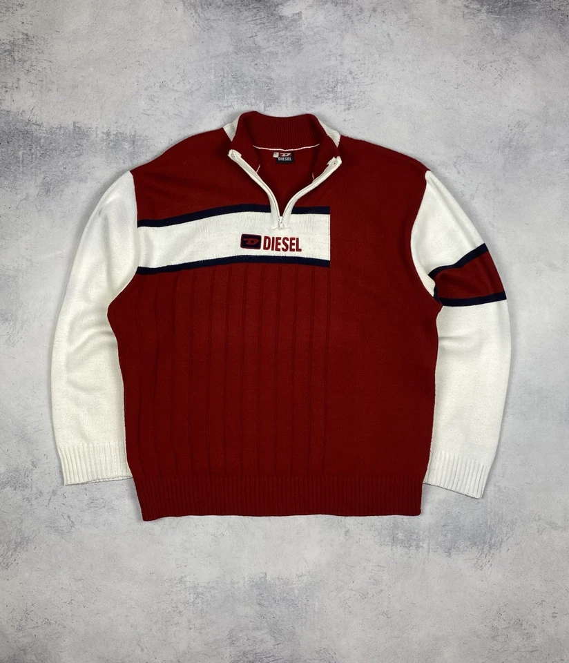 Vintage 90s Diesel Big Logo 1/4 Zip Knit Sweater Jumper Y2K Red  Men's Size XL - Image 1 of 4