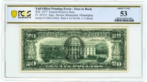 FR #2072-C $20 1977 FRN Full Offset Printing Error Face to Back AU53 PCGS - Picture 1 of 2