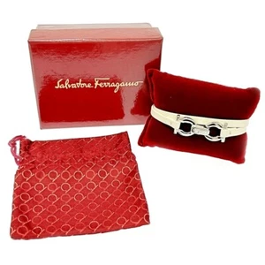 Salvatore Ferragamo Metal Leather Gancini Bracelet Choker Color White With Box - Picture 1 of 7