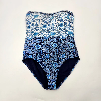 Tommy Bahama Woodblock Ruffled Bandeau One Piece Swimsuit Size 16 Blue SS300301 - Image 1 of 4