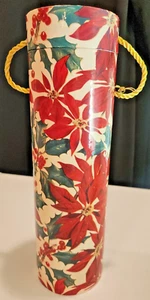 Vintage Christmas Poinsettia Print Wine Liquor Gift Tube/Box 13" Gold Cord - Picture 1 of 9