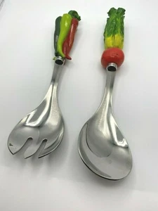 Vintage Vegetable Handle Fork Spoon Set Resin Hand Painted Stainless Steel 10" - Picture 1 of 6