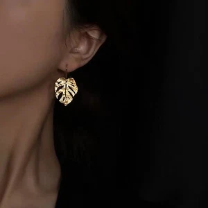 Gold Leaf 24k Gold Plated Hook Earrings Dainty Drop Tropical Jewellery Gift UK - Picture 1 of 6