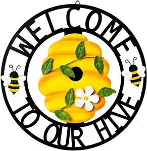 Welcome to Our Hive Metal Honey Bee Hanging Signs Wall Decor Front Door Wreath - Picture 1 of 7