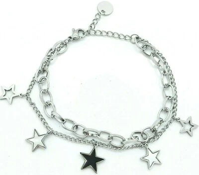 PULSERA MUJER ACERO INOXIDABLE 319L PLATA DIJES ESTRELLA DOBLE CADENA Foto 1 de 4