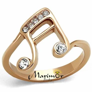 Anillo de moda con nota musical de cristal de acero inoxidable enchapado en oro rosa para mujer talla 5-10 - Imagen 1 de 6