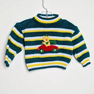 Vintage 80s Ivory Kids Car Bear Striped Sweater 18 Months - Picture 1 of 5