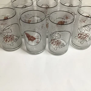 Vtg Set Of 7 Anchor Hocking Frosted Drinking Glasses Butterflies & Roses 6” - Picture 1 of 6