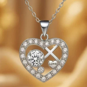 Heart Cross LOVE Pendant Necklace Women Gift Cubic Zirconia Jewelry - Picture 1 of 6