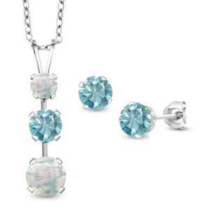 925 Sterling Silver White Opal and Blue Zircon Pendant and Earrings Jewelry Set - Picture 1 of 3