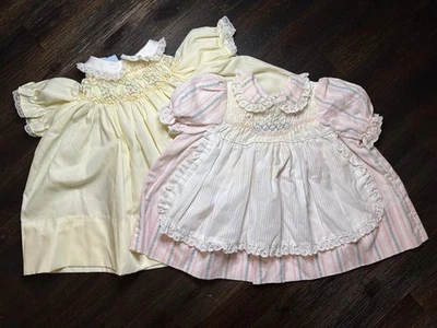 Vintage Polly Flinders Hand Smocked Dress Lot Of 2- Baby Girl 6 & 6-9 Mo (Flaws) - Image 1 of 4