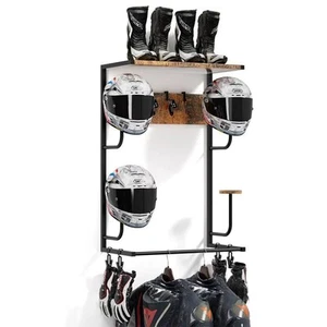 Motorcycle Helmet Holder Rustic Display Rack 4 Stands 4 Glove Clips Hooks - Picture 1 of 7