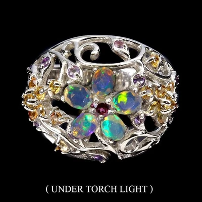 925 Sterling Silver Ring Oval Fire Opal Sapphire Garnet Gemstone Jewelry Size 9 - Image 1 of 4
