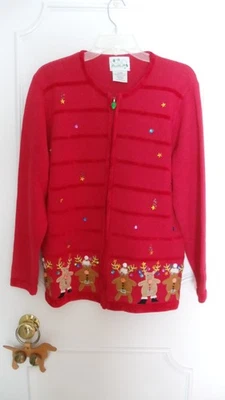NWOT “THE QUACKER FACTORY” Red Holiday Cardigan Size L - Image 1 of 4