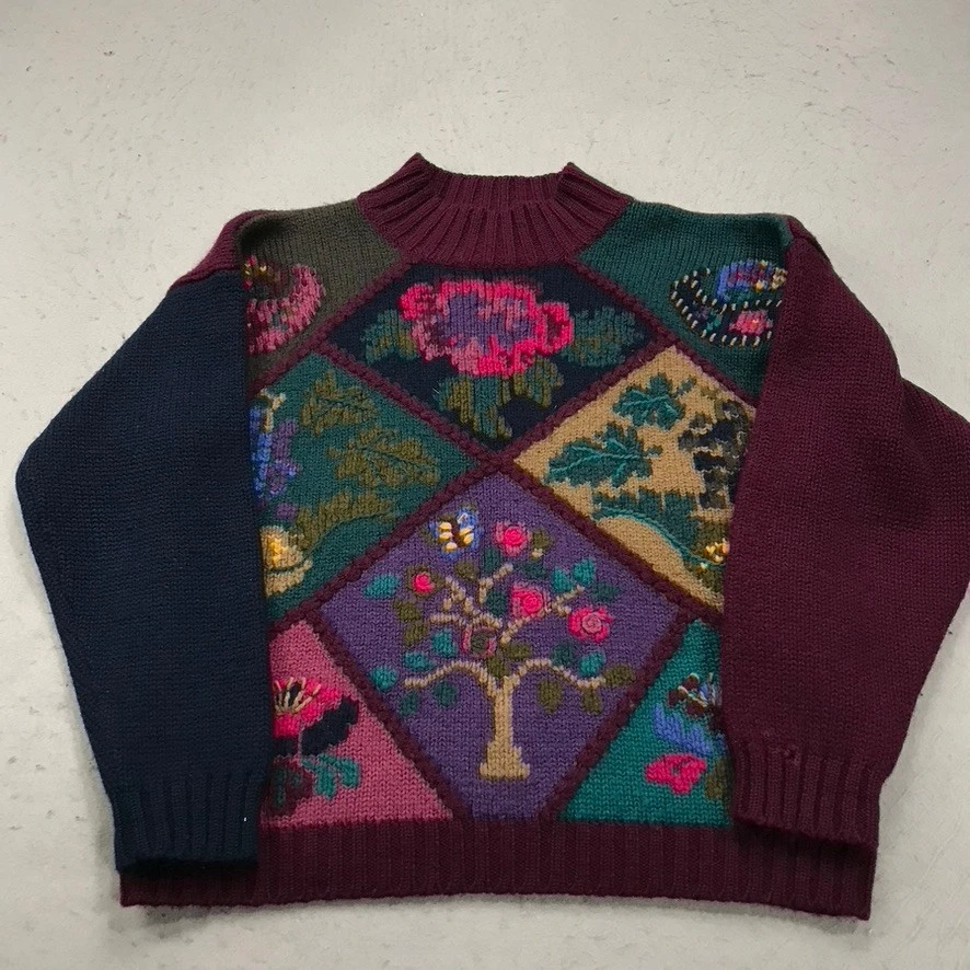 ВИНТАЖНЫЙ Eddie Bauer свитер женщин маленький шерсти цветочный бабушка громкий трикотаж 90-х - Изображение 1 из 4