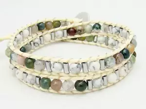 Pulsera 2 envolventes TURQUESA BLANCA, MÁRMOL TEÑIDO pulsera cuentas piedra - Imagen 1 de 2