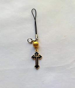 Black Cross Phone Charm Dangle Lanyard Hanging Pendant Chain Car Decor Handmade - Zdjęcie 1 z 4