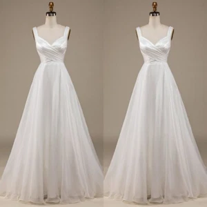 Beach Wedding Dresses Sleeveless A Line Chiffon V Neck White Simple Bridal Gowns - Picture 1 of 10
