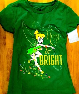 Disney Tinker Bell Fairy Merry Bright Green Short Sleeve Girl Top T Shirt Shine - Picture 1 of 2