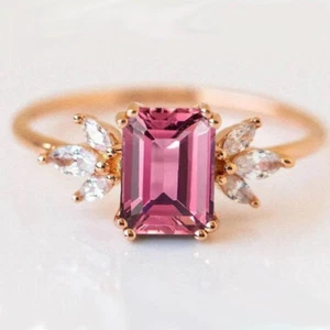 14K Rose Gold Finish 2.10 Ct Emerald Cut Pink Diamond Solitaire Engagement Ring - Picture 1 of 8